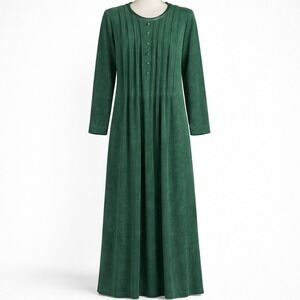 Vtg FADS Green Velvet Pleated Button Maxi Dress Velour L 90s Cottagecore Granny
